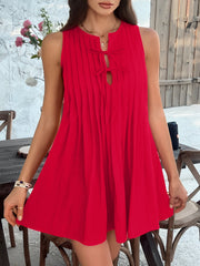 Solid Color Lace-Up Pleated Sleeveless Mini Dress
