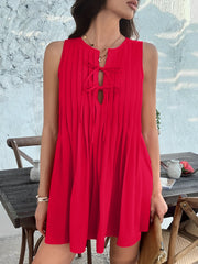 Solid Color Lace-Up Pleated Sleeveless Mini Dress