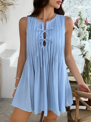 Solid Color Lace-Up Pleated Sleeveless Mini Dress