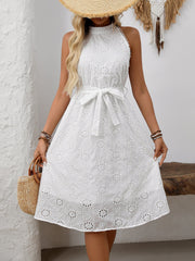 Halter Neck Sleeveless Eyelet Lace-Up Midi Dress