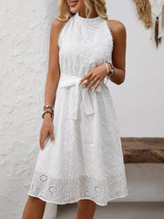 Halter Neck Sleeveless Eyelet Lace-Up Midi Dress
