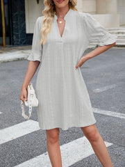 Notch Neck 3/4 Ruffled Sleeves Eyelet Dress
