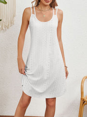Solid Color Round Neck Sleeveless Eyelet Dress
