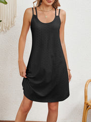 Solid Color Round Neck Sleeveless Eyelet Dress