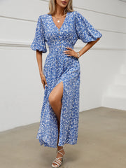 V Neck Lantern Sleeve Floral Slit Midi Dress