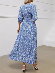 V Neck Lantern Sleeve Floral Slit Midi Dress