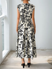 Floral Pleated V Neck Cap Sleeves Midi Dress