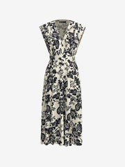 Floral Pleated V Neck Cap Sleeves Midi Dress
