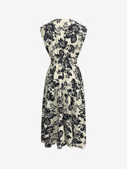 Floral Pleated V Neck Cap Sleeves Midi Dress