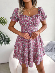 Romantic Garden Floral Puff Sleeves Lace-Up Ruffled Mini Party Dress