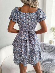 Romantic Garden Floral Puff Sleeves Lace-Up Ruffled Mini Party Dress