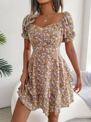 Romantic Garden Floral Puff Sleeves Lace-Up Ruffled Mini Party Dress