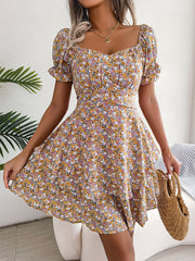 Romantic Garden Floral Puff Sleeves Lace-Up Ruffled Mini Party Dress