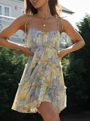 Lace-Up Spaghetti Straps Smocked Tiered Mini Dress