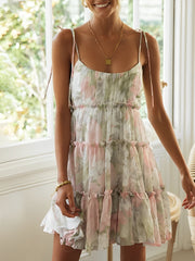 Lace-Up Spaghetti Straps Smocked Tiered Mini Dress