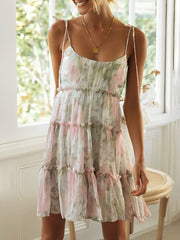 Lace-Up Spaghetti Straps Smocked Tiered Mini Dress