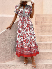 Floral Boho Short Sleeves A-Line Maxi Dress