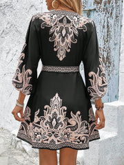 Vintage-Inspired Boho All-Over Floral Print 3/4 Lantern Sleeves Mini Dress