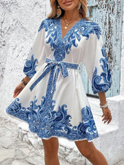Vintage-Inspired Boho All-Over Floral Print 3/4 Lantern Sleeves Mini Dress
