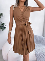 V Neck Sleeveless Lace-Up Pleated Above Knee Dress