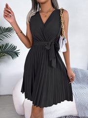 V Neck Sleeveless Lace-Up Pleated Above Knee Dress