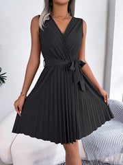 V Neck Sleeveless Lace-Up Pleated Above Knee Dress