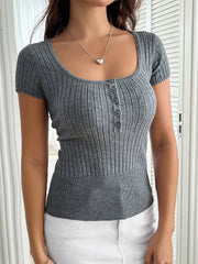 Solid Color U Neck Short Sleeve Knit Top