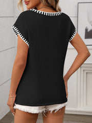 Pullover V Neck Short Sleeves Colorblock Knit Top
