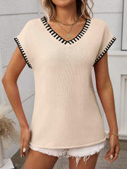 Pullover V Neck Short Sleeves Colorblock Knit Top
