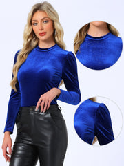 Metallic Velvet Puff Long Sleeve Mock Neck Glitter T-shirt