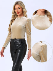 Metallic Velvet Puff Long Sleeve Mock Neck Glitter T-shirt