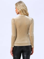 Metallic Velvet Puff Long Sleeve Mock Neck Glitter T-shirt
