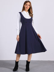 Lace Trim Button Decor Pockets Overalls Midi Pinafore Dress