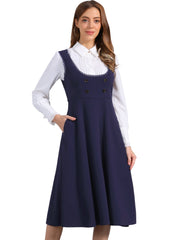 Lace Trim Button Decor Pockets Overalls Midi Pinafore Dress