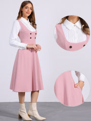Lace Trim Button Decor Pockets Overalls Midi Pinafore Dress