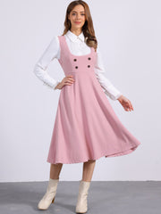 Lace Trim Button Decor Pockets Overalls Midi Pinafore Dress