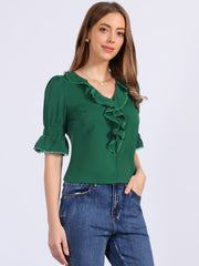 Ruffle Puff Sleeve Lace Trim Chiffon Peasant Blouse