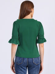 Ruffle Puff Sleeve Lace Trim Chiffon Peasant Blouse
