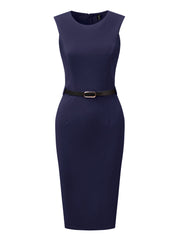Belted Sheath Round Neck Sleeveless Casual Office Dress