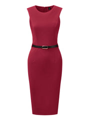 Belted Sheath Round Neck Sleeveless Casual Office Dress