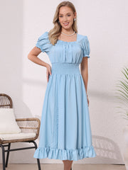Renaissance Costume Smocked Waist Ruffle Midi Victorian Dress