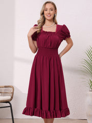 Renaissance Costume Smocked Waist Ruffle Midi Victorian Dress