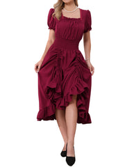 Renaissance Costume Smocked Waist Ruffle Midi Victorian Dress