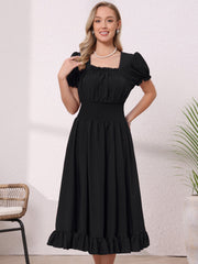 Renaissance Costume Smocked Waist Ruffle Midi Victorian Dress