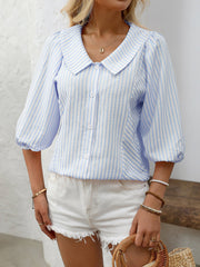 Lapel Puff 3/4 Sleeve Striped Button Down Blouse
