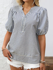 Trendy Notch Collar Neck Puff Sleeves Striped Casual Office Blouse