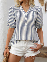 Trendy Notch Collar Neck Puff Sleeves Striped Casual Office Blouse