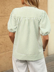 Trendy Notch Collar Neck Puff Sleeves Striped Casual Office Blouse