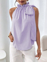 Sleeveless Striped Turtleneck Bow Tie Blouse