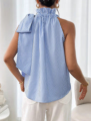 Sleeveless Striped Turtleneck Bow Tie Blouse